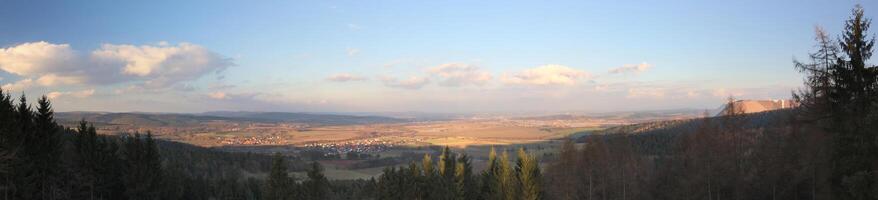 Panoramic view from the Bodesruh memorial lookout tower at the former Inner-German border between Thuringia and Hesse. Bosserode, Kleinensee, Grossensee, Berka, the Rhaeden and Monte Kali can be seen. photo