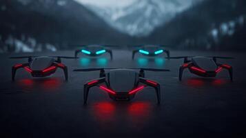 Futuristic Drone Fleet Illuminated Quadcopters in Snowy Mountain Landscape photo