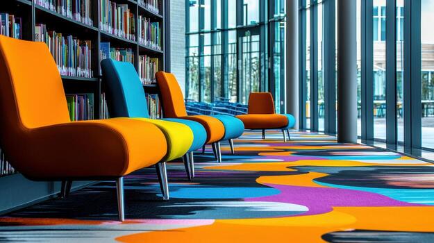 Colorful Modern Chairs in Library with Abstract Carpet and Bookshelves photo