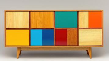 Mid Century Modern Colorful Wood Cabinet with Geometric Design Retro Storage Furniture photo