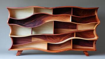 Modern Wave Shaped Wooden Bookcase Unique Multi Compartment Design Rich Wood Grain Contemporary photo