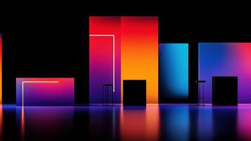 Abstract Vibrant Neon Gradient Background with Geometric Shapes and Illuminated Furniture photo