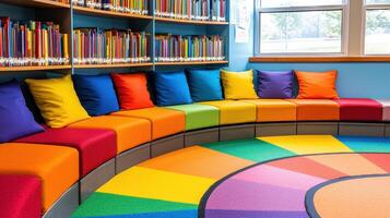Colorful Library Reading Nook with Rainbow Carpet and Bookshelves photo