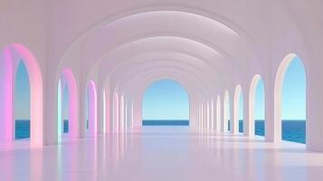 Serene Coastal Archway Pastel Lit Ocean View Corridor Minimalist Architecture photo
