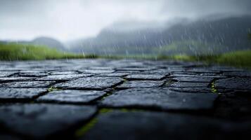 Rainy Day Cobblestone Street Wet Pavement Scenic Landscape Background photo