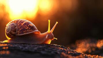 Majestic Snail at Golden Hour Close up of Snail Shell and Tentacles on Log photo