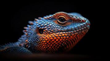 Vibrant Close up of a Reptile Detailed Scales and Eye Dark Background Exotic Lizard photo