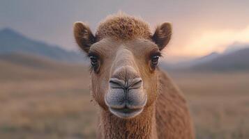 Majestic Bactrian Camel Portrait at Sunset in Desert Landscape photo