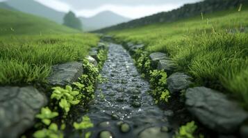 Serene Stream Flowing Through Lush Green Meadow Stone Path Rural Landscape photo