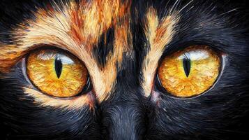 Close up Oil Painting of a Cat s Golden Eyes and Tortoiseshell Fur photo