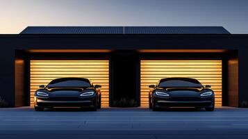Two Black Electric Cars in a Modern Garage with Solar Panels at Dusk photo
