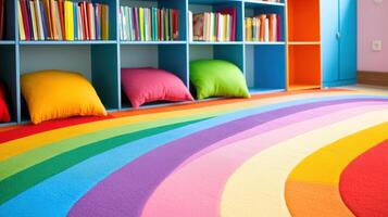 Colorful Rainbow Rug in Playroom with Bookshelves and Pillows photo