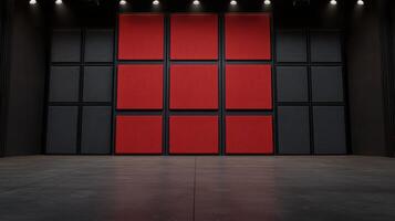 Modern Studio Room Design Red and Black Acoustic Panel Wall with Dark Floor photo