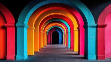 Vibrant Rainbow Archway Passageway Colorful Architecture Brightly Painted Columns Abstract photo