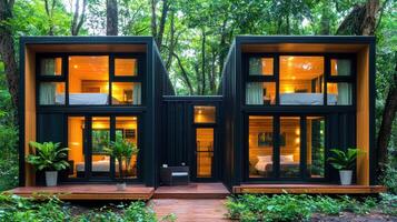 Modern Container Homes in Lush Forest Setting Eco Friendly Cabin Retreat photo
