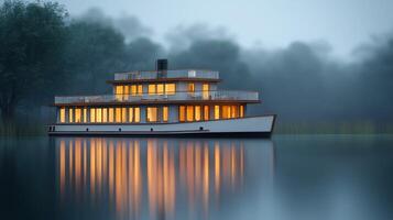 Luxurious Houseboat at Dusk Calm Lake Misty Forest Illuminated Windows photo