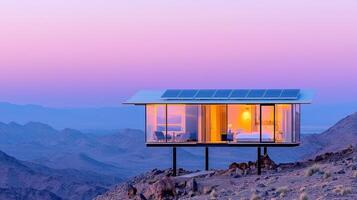 Modern Glass Cabin with Solar Panels on Mountaintop at Sunset photo