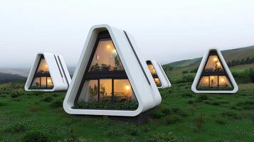 Modern Triangular A Frame Cabins on a Hillside at Dusk Futuristic Eco Friendly Design photo