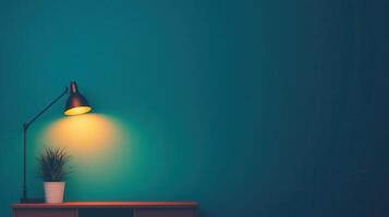 Illuminated Desk Setup Teal Wall Desk Lamp Potted Plant Minimalist Home Office photo