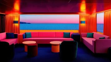 Vibrant Sunset Ocean View Lounge Modern Pink Orange Sofa Interior Design photo