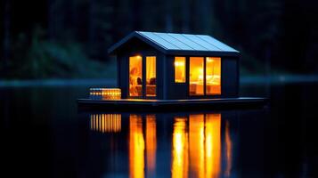 Illuminated Lakeside Cabin at Night Modern Floating Home with Solar Panels photo