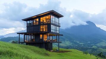 Modern Black Mountaintop House Architectural Design Stunning Hillside View photo
