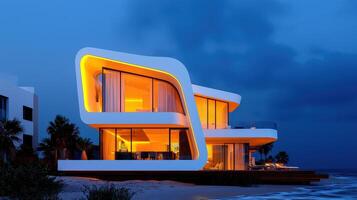 Modern Luxury Beachfront Villa at Dusk Illuminated Architectural Design photo