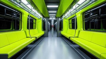 Modern Lime Green Subway Car Interior Empty Seats Public Transportation photo