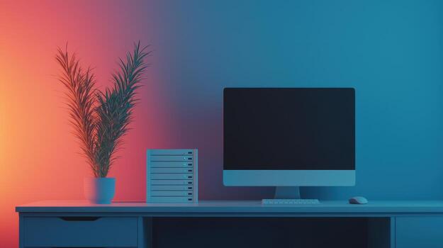 moderno hogar oficina preparar con computadora planta y neón Encendiendo foto