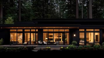Modern Black House Exterior at Night Illuminated Windows Forest Setting photo