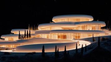 Modern Luxury Hillside Villa at Night Illuminated Architecture Curved Design photo