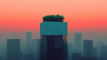 Futuristic Cityscape Rooftop Garden on Modern Skyscraper at Sunset photo