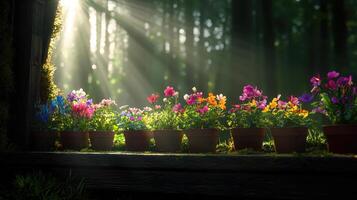 Vibrant Rainbow Flowers in Pots Sunlit Forest Backdrop Spring Bloom photo
