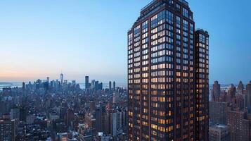 lujoso moderno alto subir edificio a oscuridad ciudad horizonte ver foto