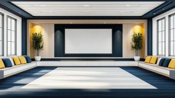 Modern Meeting Room Interior Design with Blank Screen Yellow Accents and Built in Seating photo