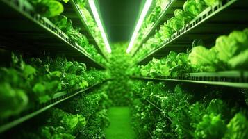 Lush Green Leafy Vegetables Growing in a Vertical Hydroponic Farm photo