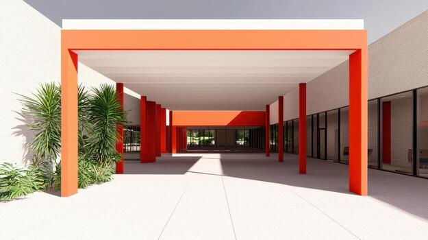 Modern Architecture Red Columns Covered Patio of a Contemporary Building photo