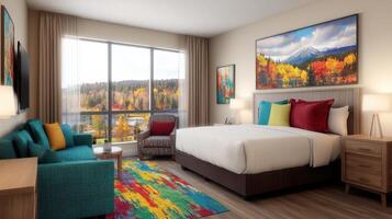Modern Hotel Suite with Stunning Autumn View Comfortable King Bed and Colorful Decor photo