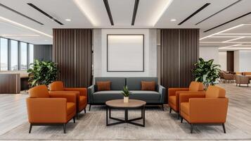 Modern Office Lobby Interior Design Contemporary Lounge Area with Orange Armchairs and Grey Sofa photo