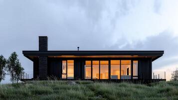 Modern Black Ranch House with Large Windows Evening Illumination Grassy Landscape photo