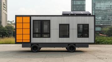 Modern Tiny House on Wheels Solar Panels Orange Accent City Background photo