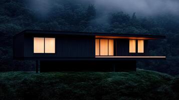 Modern Black House in Forest at Night Illuminated Windows Elevated Design Minimalist Architecture photo