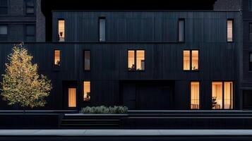 Modern Dark Exterior Architecture Nighttime City Building Illuminated Windows Residential Structure photo
