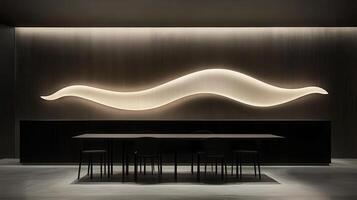 Modern Minimalist Interior Design Curved Wave Light Fixture above Dining Table photo