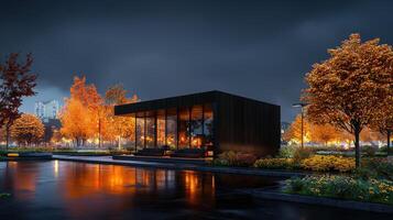 Modern Pavilion in Autumn Park at Night Illuminated with Warm Lights Reflecting in Wet Pavement photo