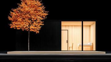 Modern Minimalist Black and Wood Cabin Exterior with Autumn Tree at Night photo