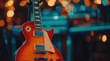 Electric Guitar on Stage with Bokeh Lights Musical Instrument Concert photo