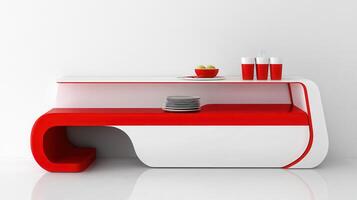 Modern Red and White Kitchen Island Countertop Design with Dishes and Cups photo