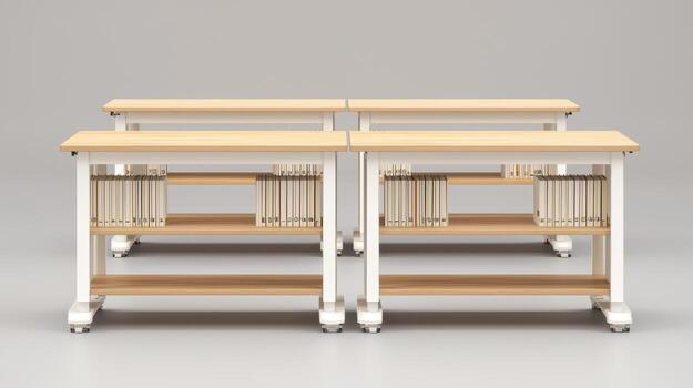 Modern White Wood Mobile Tables with Bookshelves Ideal for Libraries or Classrooms photo