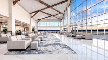 Modern Airport Terminal Departure Lounge with Runway View Comfortable Seating and Large Windows photo